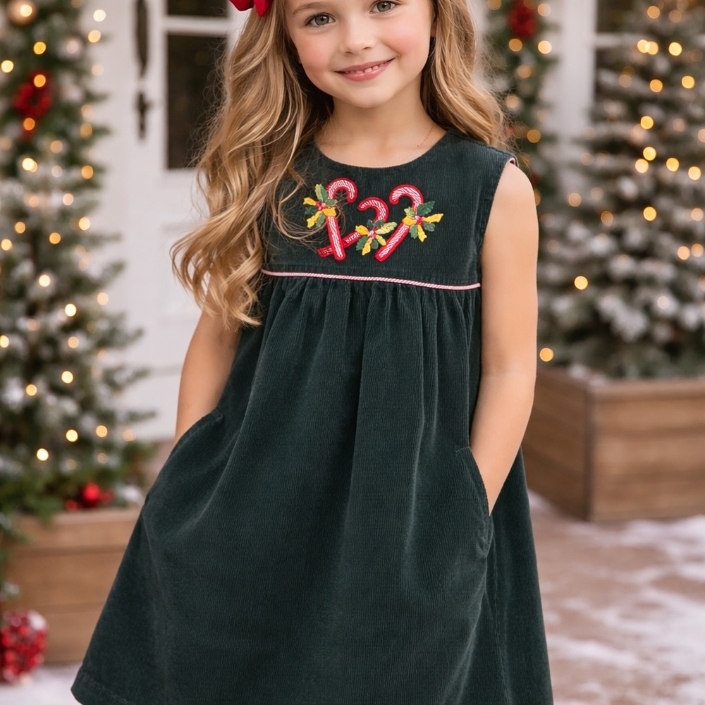 Samara Girls Corduroy Christmas Dress — Candy Cane Embroidery — Size‎ 6